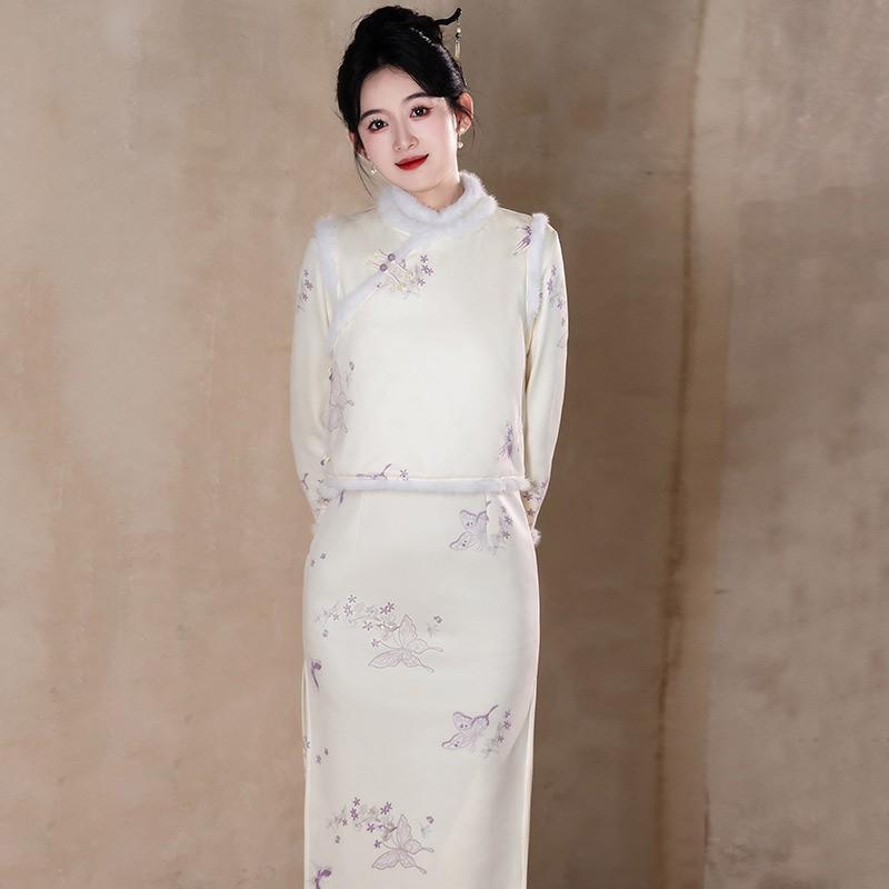 Womens Winter Warm Thickened Cheongsam-Style Long Sleeve Top Vest Set Retro Velvet Fleece Lined