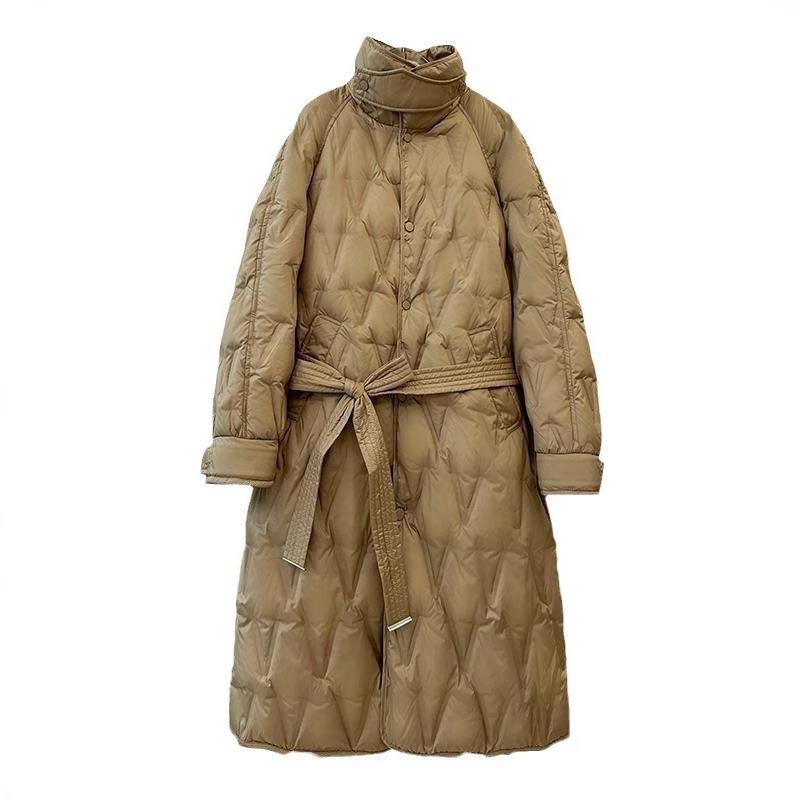 new stand-up collar light down jacket women's niche versatile pressure glue foreign style long knee waist diamond belt
