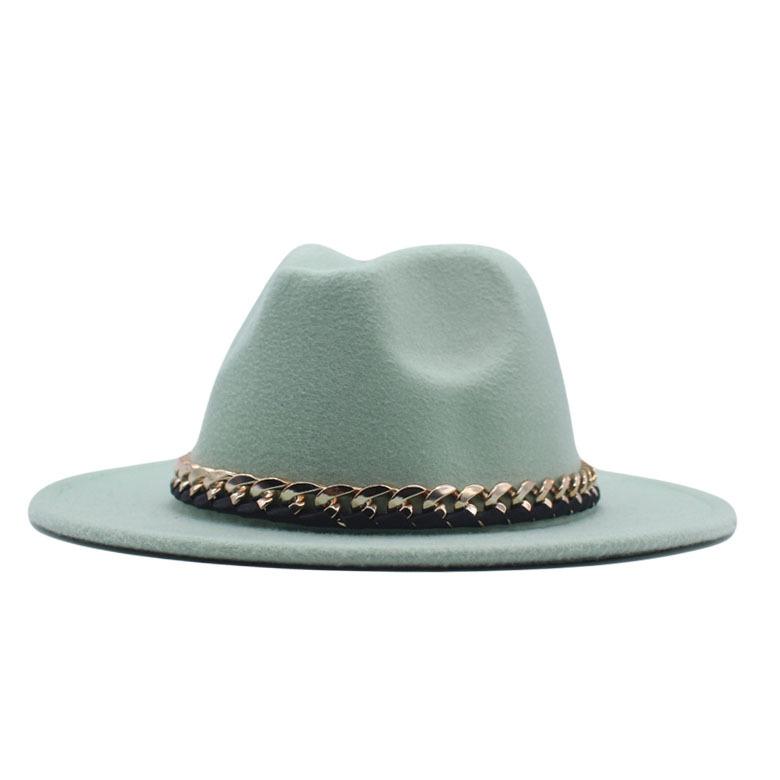 European, American Autumn and Winter British Style Fashionable and Elegant Flat-brimmed Big Eaves Hat Top Hat Men and Women Chain Jazz Woolen Hat