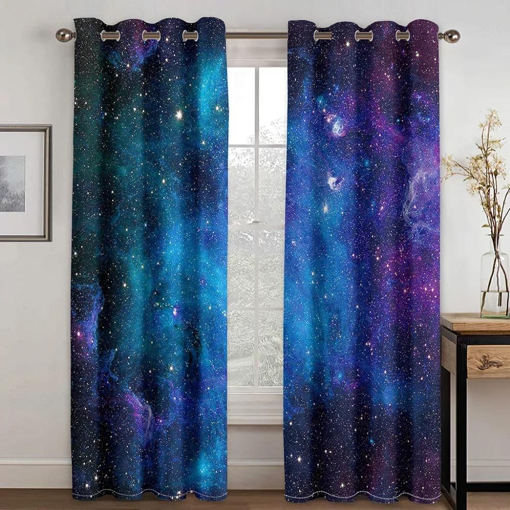 Three D Printed Cartoon Space Galaxy Star Design Pattern Thin Semi Light shading Window Curtain for Kid Childern Boy Bed Room Living Room Home Hook