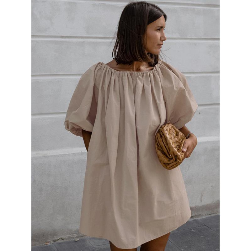Elegant Khaki Off-Shoulder Puff Sleeve Dress - 2024 Spring/Summer Fashion Short Skirt