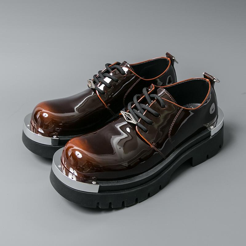 Fashion Men Harajuku Korean Man Leather Shoes Streetwear Fashion Casual Thick Platform Height Increase Metal Leather Wedding Men Loafers