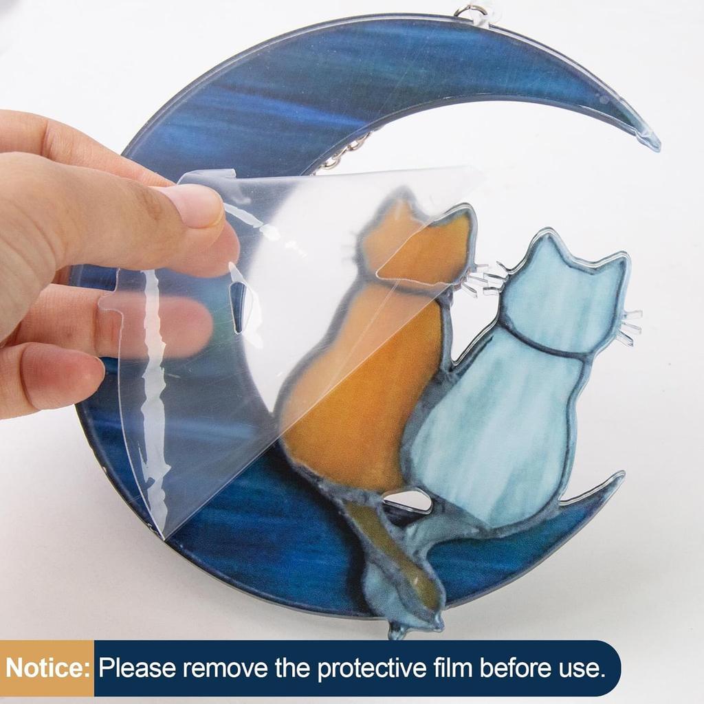 Blue Moon Cat Window Decoration Hanging,Alloy Cat Stained Painting Window Hangings, Acrylic Moon Decoration for Wall Courtyard Gift Pet Animal Cat