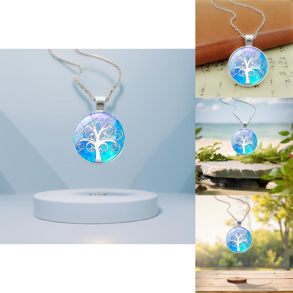 Elegant Tree Pattern Pendant Necklace In Vintage Silver Color With Classic Glass Cabochon