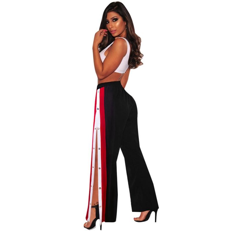 Women Wide Leg Pants Side Button 
