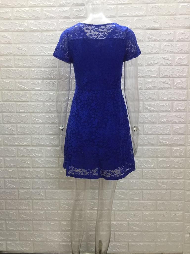Hot-selling New European And American Elegant And Fashionable Round Neck Short-sleeved Blue Lace Dress