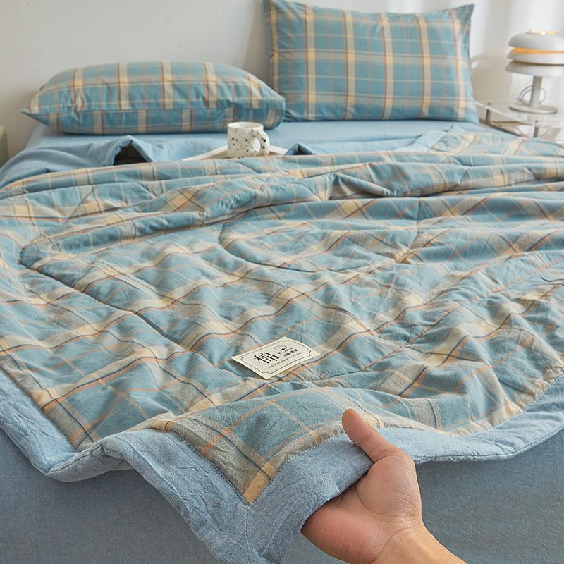 Plaid Print Washable Cotton Summer Cooling Quilt Lightweight Breathable Machine Washable for Student Dorms Single Double Beds Air Conditioner Rooms