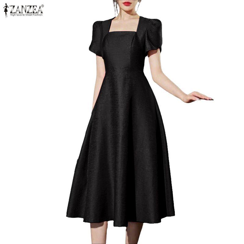 ZANZEA Women Casual Square Collar Summer Short Sleeve Long Dress