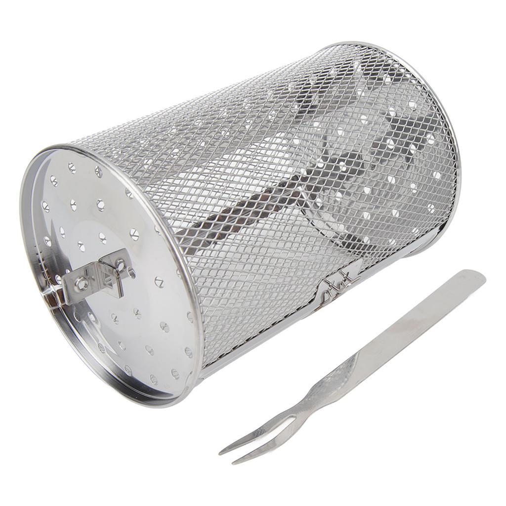 Rolling Grilling Basket Stainless Steel BBQ Rolling Basket Fork Wire Mesh Cylinder Grill Basket for Camping Picnic