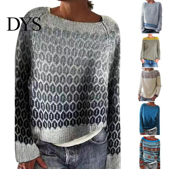 Women Jumper Winter Knitted Crew Neck Long Sleeve Color Comfortable Block Loose Fit Sweater Breathable Warm Pullover Knitwear