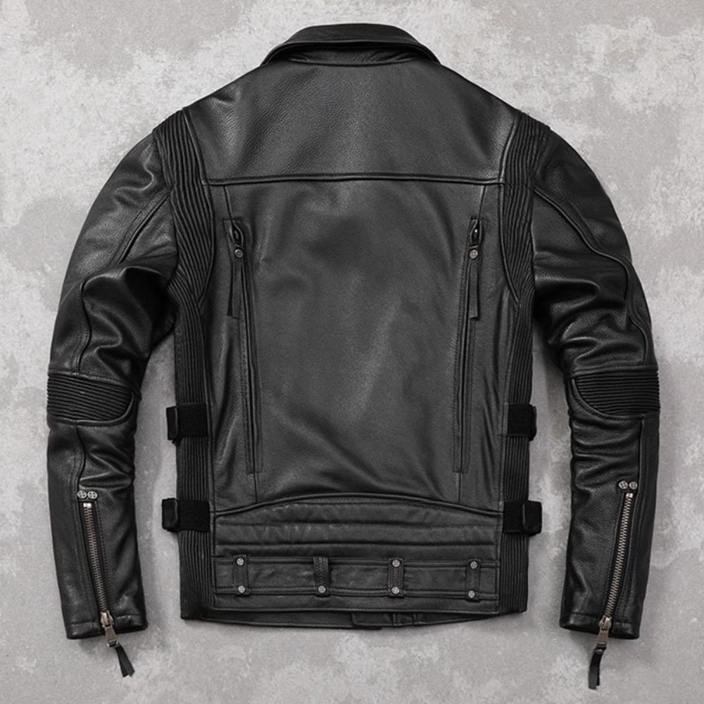 Chinese Size Motorcycle Cowhide Genuine Leather Jacket Men Slim Stone Milled Retro Jacket Calfskin Coat Men Moto Biker Riding Clothes