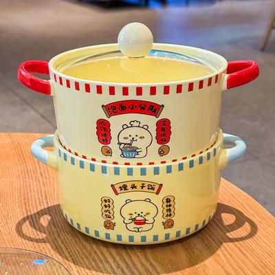 Roztomilá kreslená miska na instantní nudle s víčkem, velkokapacitní keramická miska na nudle pro studenty na kolejích, binaurální miska na šnečí prášek pro osobní použití