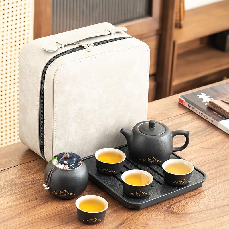 Black pottery kung fu tea set, small set, household living room, modern Japanese simple office guest tea tray, teapot