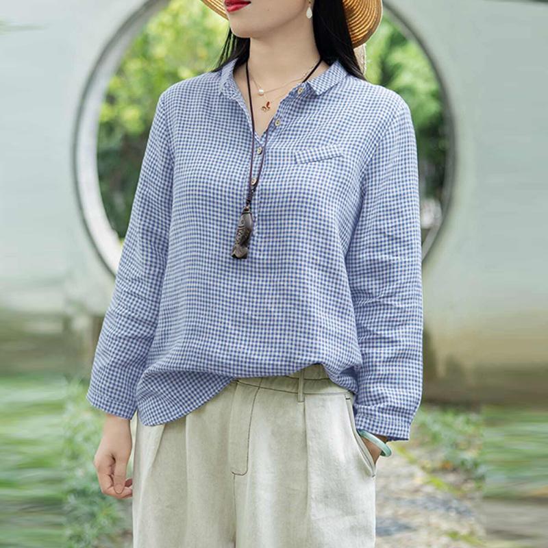 

ZANZEA Женская классическая блузка свободного кроя с длинными рукавами и принтом в клетку 4XL синий