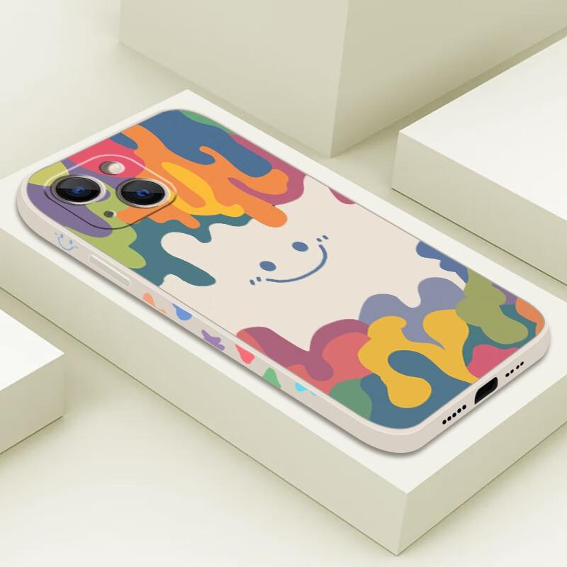 Liquid Silicone Case for IPhone 13, Protective Cover with Painted Creative Design, Shockproof Soft Smiley Face], 6.1 Inch, White