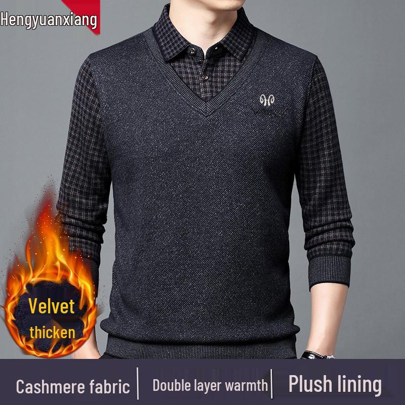 Hengyuanxiang Men's Pure Cashmere Two-Piece Look Thickened Winter Sweater