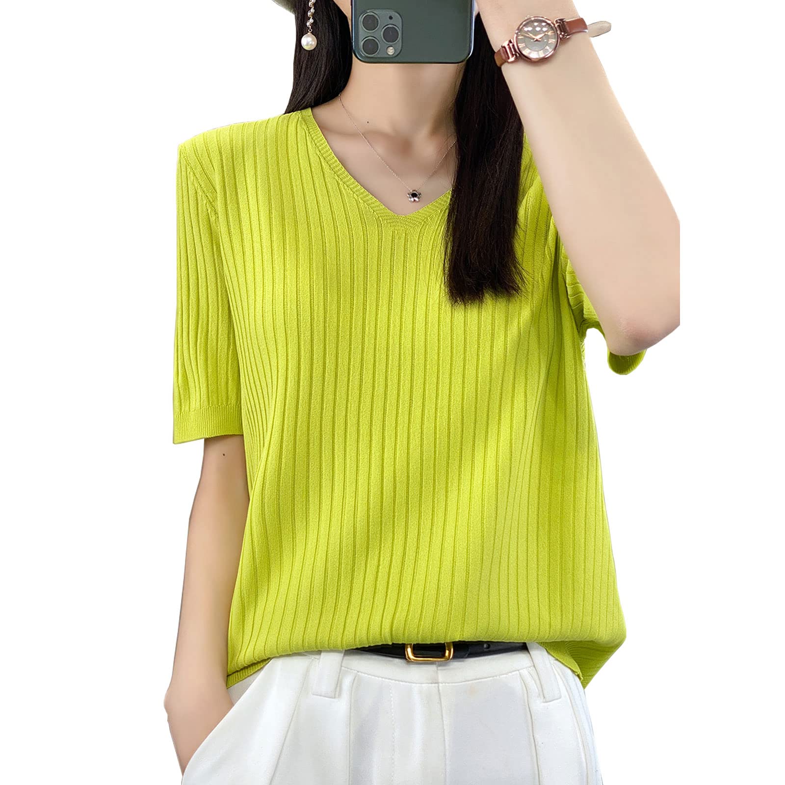 

Ваукарбазол Летний Короткий В рубчик Прохладный Однотонный Идеально для лета Женский Свитер, Рукав, V-образный вырез, Топ, Топ, Стильный, Милый, Цвет, Простой,