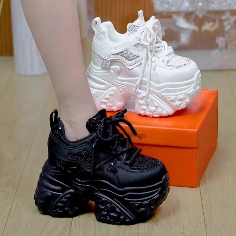 Malé kožené drahokamové dámské podzimní a zimní nové všestranné ležérní sportovní boty se silnou podrážkou zvyšující výšku