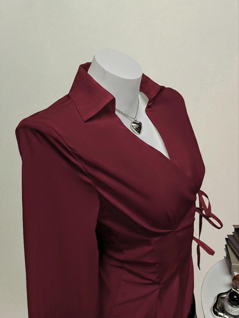 In Stock - European & American Casual Waist-Cinching Solid Color Women's Shirt