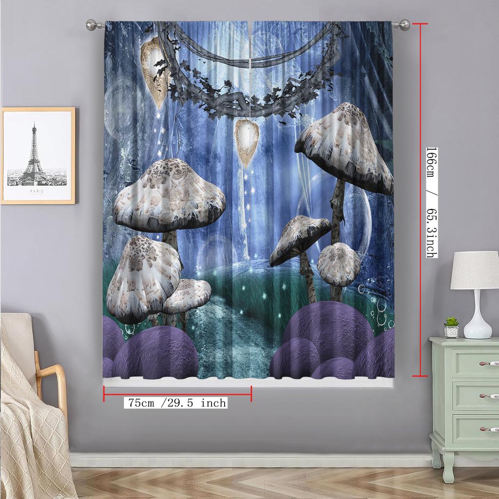2PC Home Decoration Curtains With Cartoon Mushroom Scenes And Rod Pocket Curtains, Suitable for Kitchens, Cafes, Living Rooms
