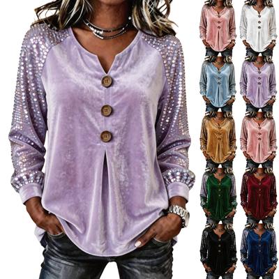 Dames V-hals Blouse met Lange Mouwen, Pailletten en Knoopsluiting voor Casual Kleding