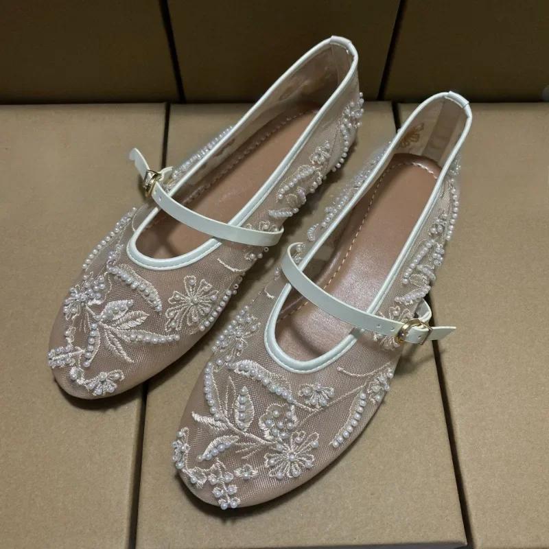 Fashion Black Mesh String Bead Ballet Flats Women Elegant Embroider Flower Buckle Mary Jane Shoes Comfort Round Toe Brand Designer Shoes