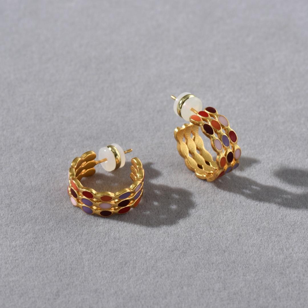 Retro Personality Unique Hollow High-Grade Metal C-Shaped Drip Glaze S925 Silver Needle Stud Earrings Niche Fashion Earrings