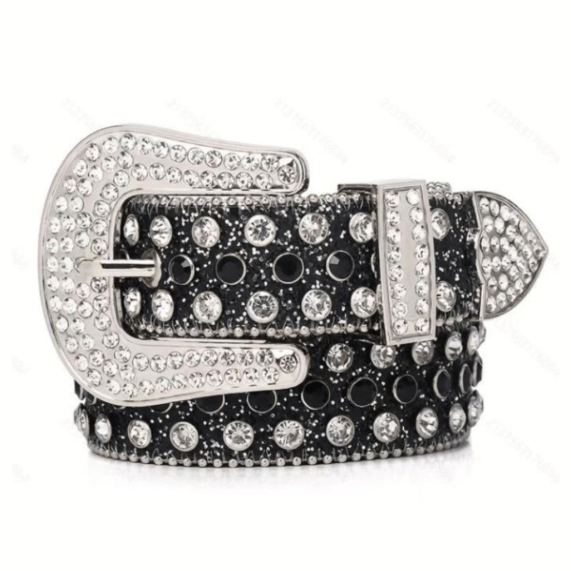 Water Diamond Bling Belt, Spicy Punk Diamond Belt, Pin Buckle, Retro Metal Buckle, Geometric Lines