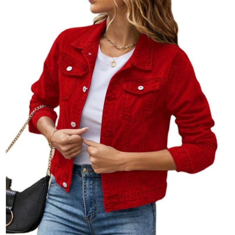 European and American sources of fashion slim-fitting lapel denim jacket solid color versatile