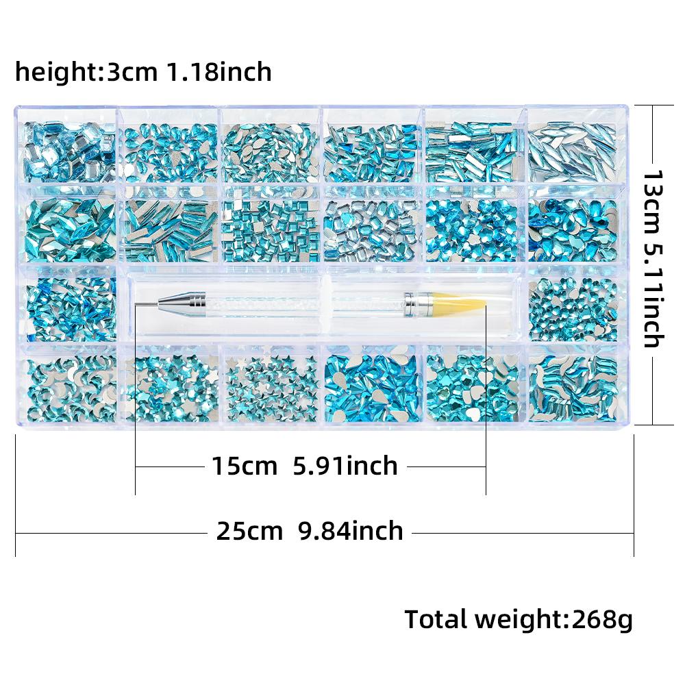 1000pcs/Set Lake Blue Multi Size Luxury Rhinestone Nail Jewelry 3D Flat-back Mixed-Shape Shinying Crystal Dimond Manicure Stone
