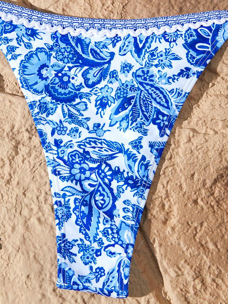 European & American Blue & White Porcelain Print Bikini - Lace-up, Sexy, Split Swimsuit for Women
