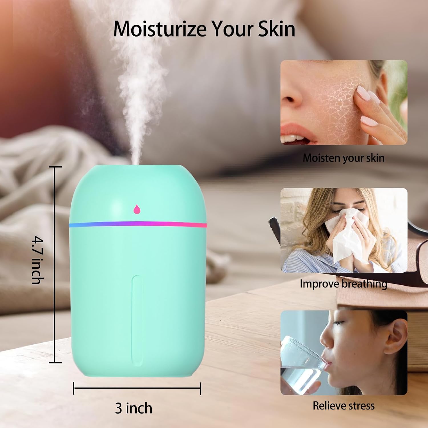 Portable Mini Humidifier for Plants, USB Desktop Humidifier 220ml, Small Humidifier for Bedroom Office Car Travel
