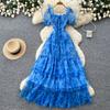 French gentle wind bubble sleeves floral dress women's summer square collar high waist A character temperament cake dress looks thin