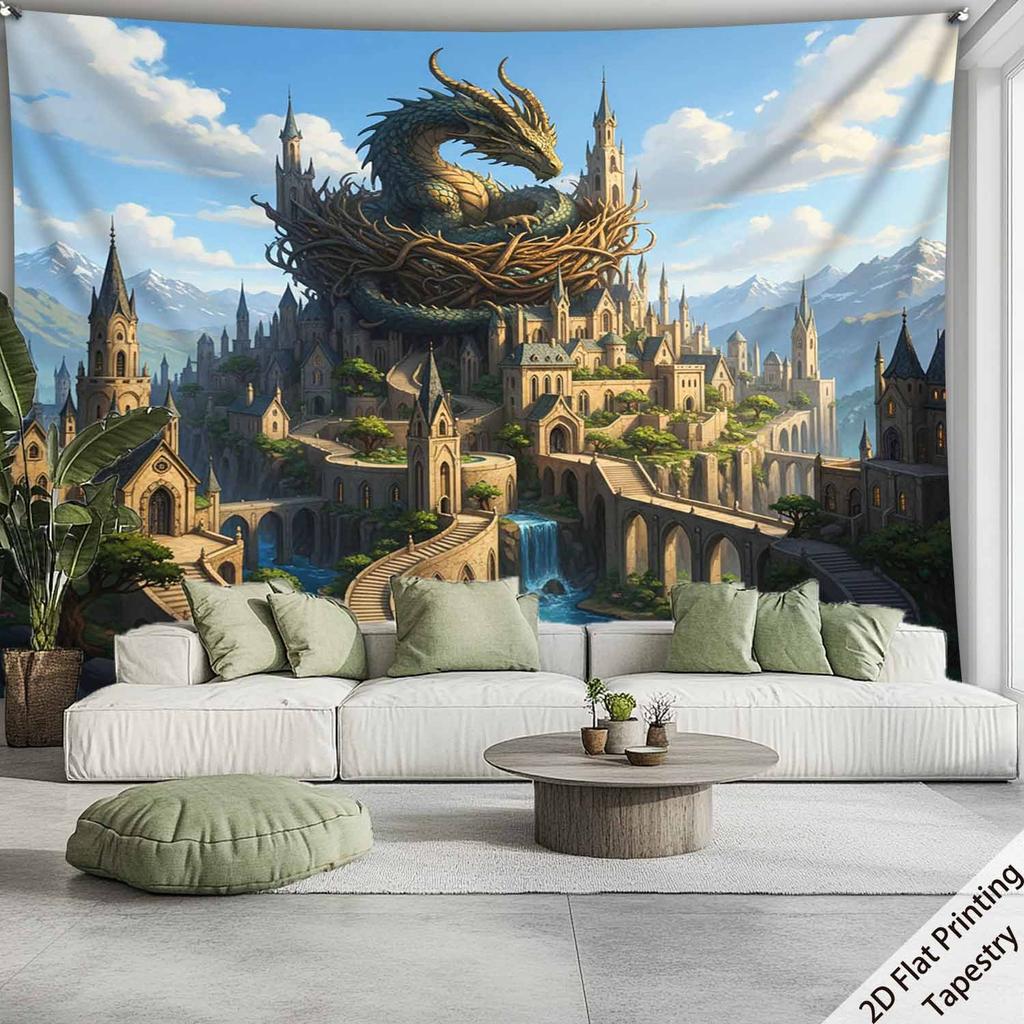 Dragon and Castle Scenery Digital Printing Polyester Wall Tapestry Suitable for Use In Living Rooms Bedrooms Offices Bars Party