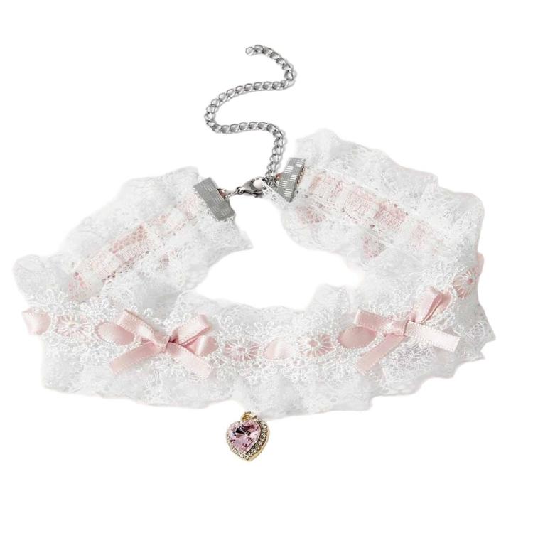 Double Layer Lace Bowknot Crystals Heart Necklace Alloy Adjustable Chain Jewelry Ideal for Romance Date