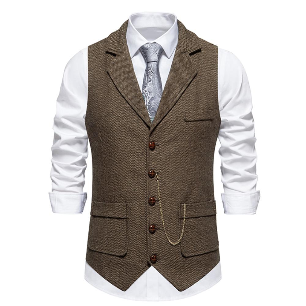 Men s Vintage Slim Fit Suit Vest Formal Prom Party Herringbone Pattern Waistcoat with Chain Detail,Pockets (termasuk Rantaian) S