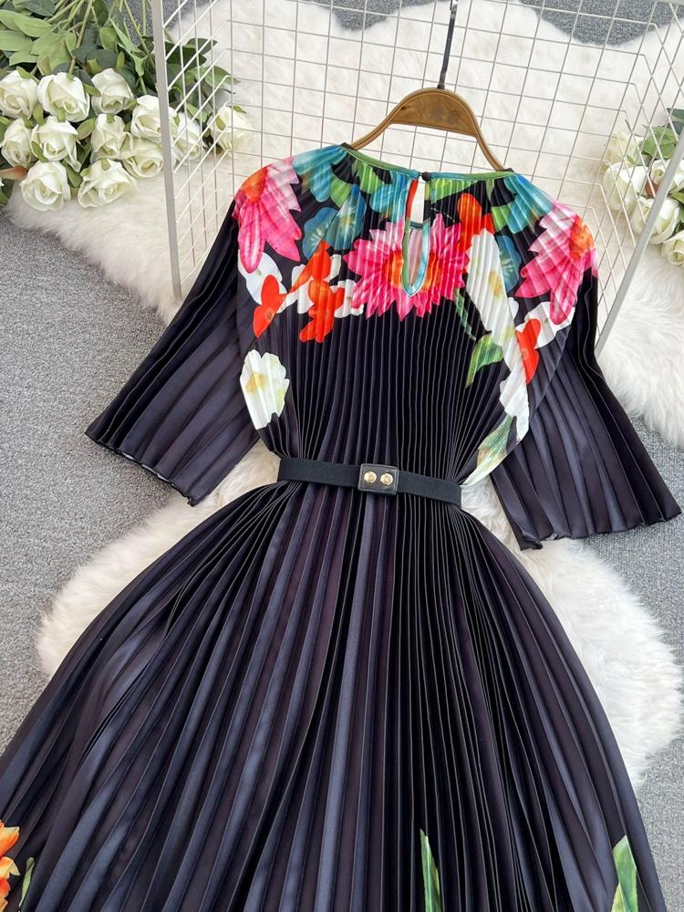 Summer Women Elegant Vintage Print Oversized Loose Long Maxi Party Dresses with Belt