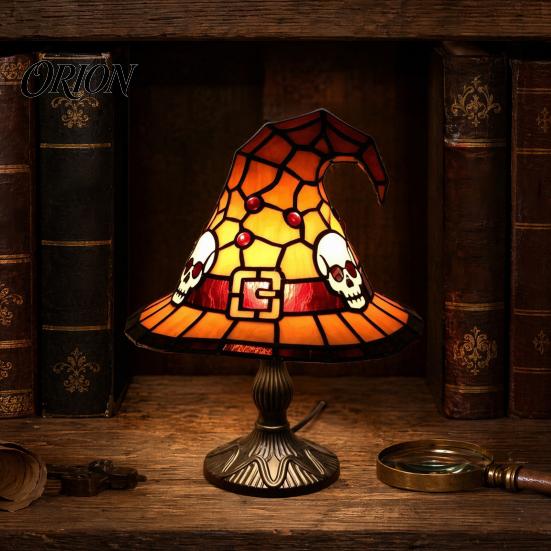 Stained Glass Bedside Lamp Witch Hat Lamp, Handcrafted Retro Resin USB Powered Gothic Table Wizard Hats Night Light, Halloween Home Decor Accent Lamps