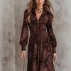 Abito Lungo da Donna Autunno e Inverno Vita Stampa Digitale Pieghettato Scollo a V Zip