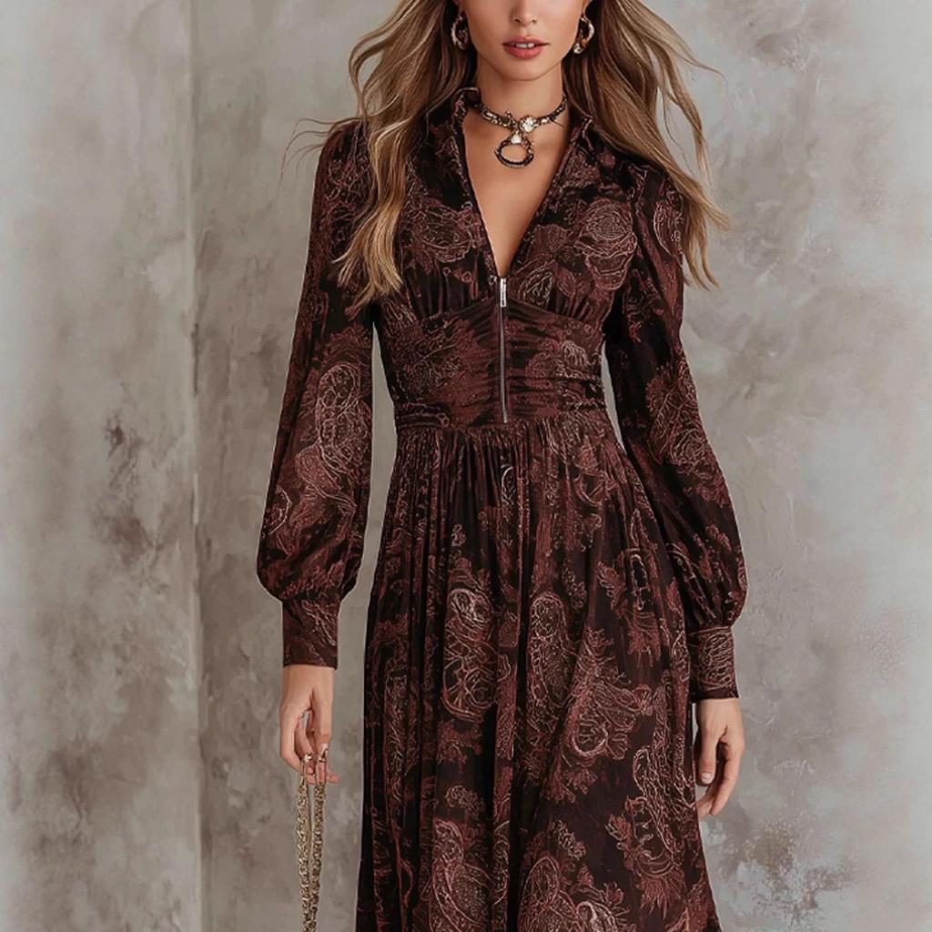 Abito Lungo da Donna Autunno e Inverno Vita Stampa Digitale Pieghettato Scollo a V Zip