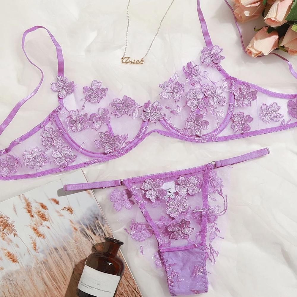 Women's Sexy Floral Embroidered Mesh Suits with Applique Bras