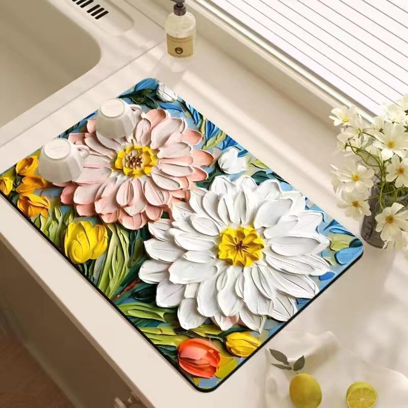 Oil Painting Style Floral Water-Absorbent, Stain-Resistant Kitchen Mat – Heat Insulation, Wear-Resistant, Easy-Clean Draining Mat