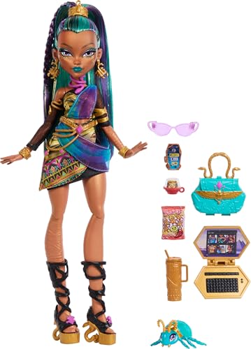 Includes Monster High Nefera de Nile doll in a royal mummy dress and pet scarab plush plush and 7 accessories including a purse, laptop, sunglasses, d