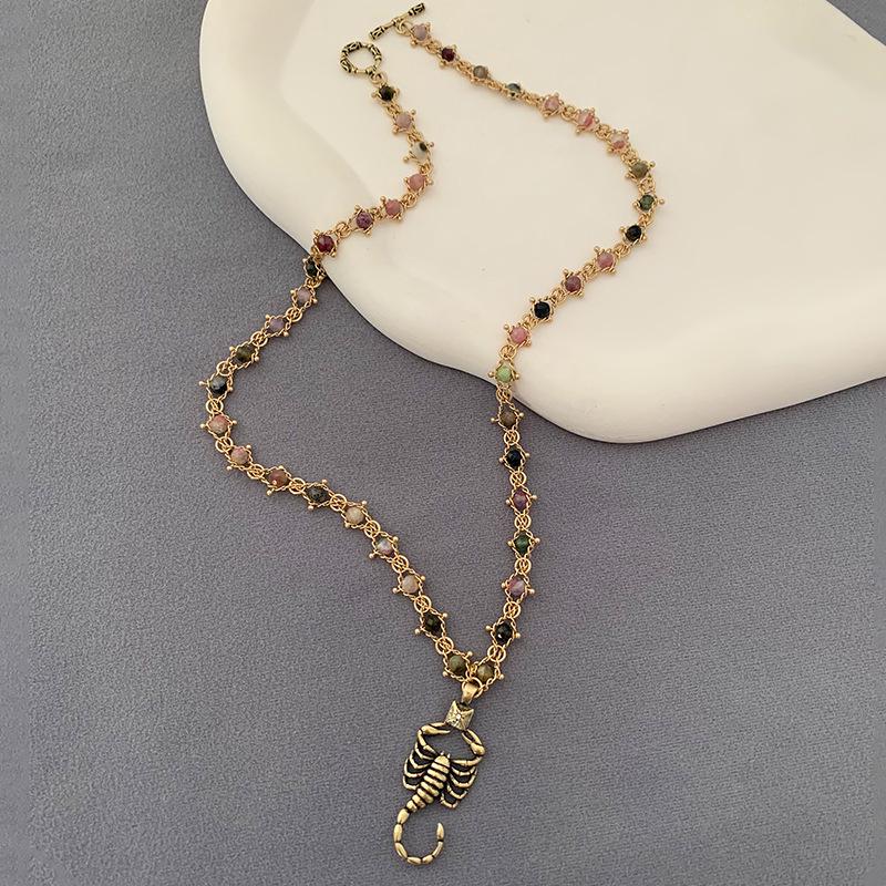 British Retro Tourmaline Handmade Necklace - Gold-Plated Brass with Scorpion Archer Design