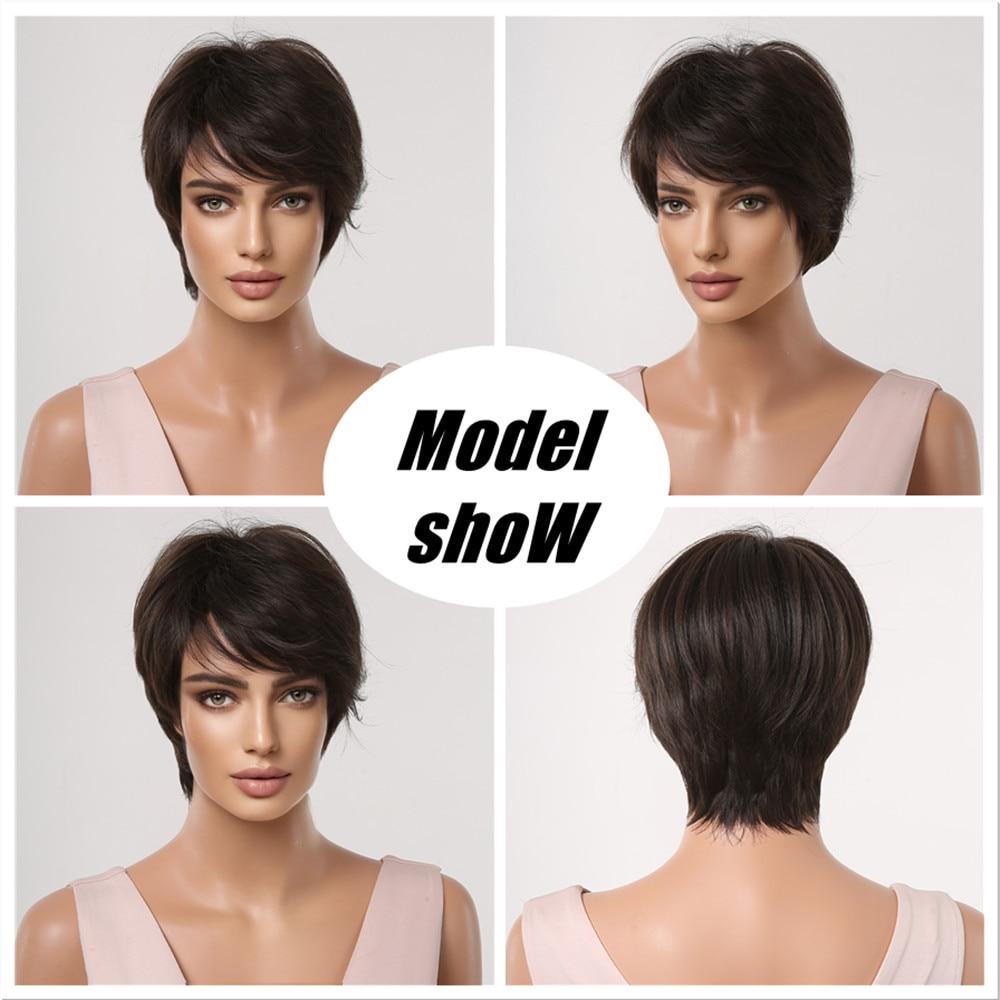 AUBWIG Parrucca Corta Marrone Pixie Cut Parrucca Per Donna Capelli Sintetici A Strati Con Frangia Per Uso Quotidiano (marrone #1B - Foto 4