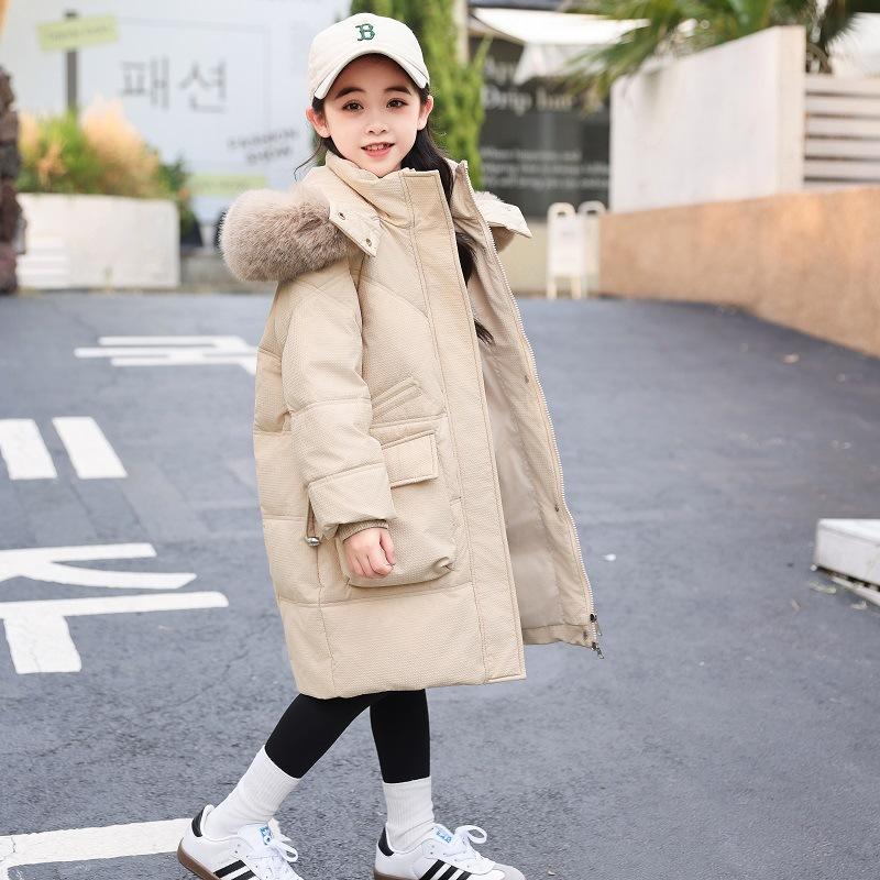

Детская куртка-пуховик средней длины для девочек, толстое белое утиное пуховое пальто в корейском стиле, теплое студенческое пальто 160cm хаки