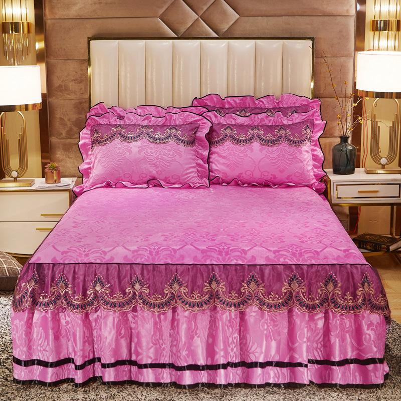 1pc Bed Skirt + 2pcs Pillowcase, Luxury Embossing Velvet Bedspread King Queen Size Romance Embroidery Lace Short Plush Bed Skirt