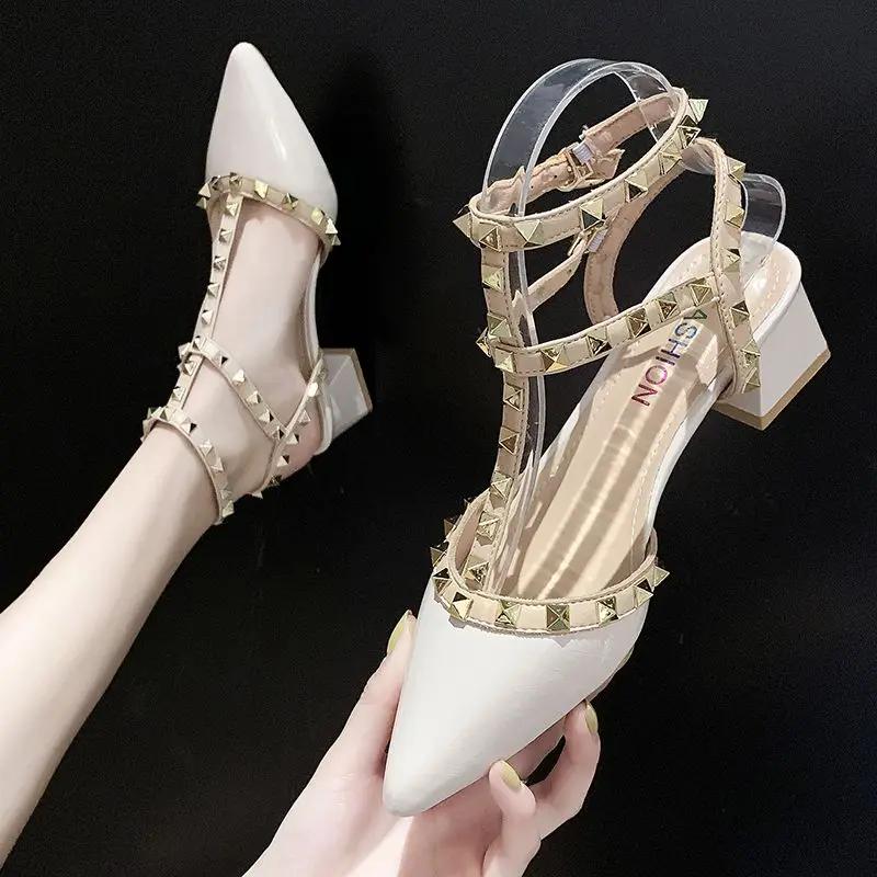 Fashion Sandals for Woman One Word Summer 2024 Pointed Toe Rivet Footwear Block Heel Women's Shoes with Strap The Best Designer Luxury H