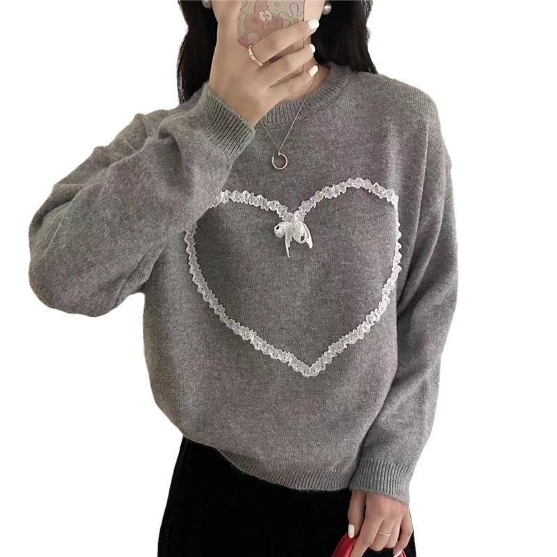 Womens Loose Knit Pullover Sweater With 3D Heart Round Neck Long Sleeve Casual Top Winter