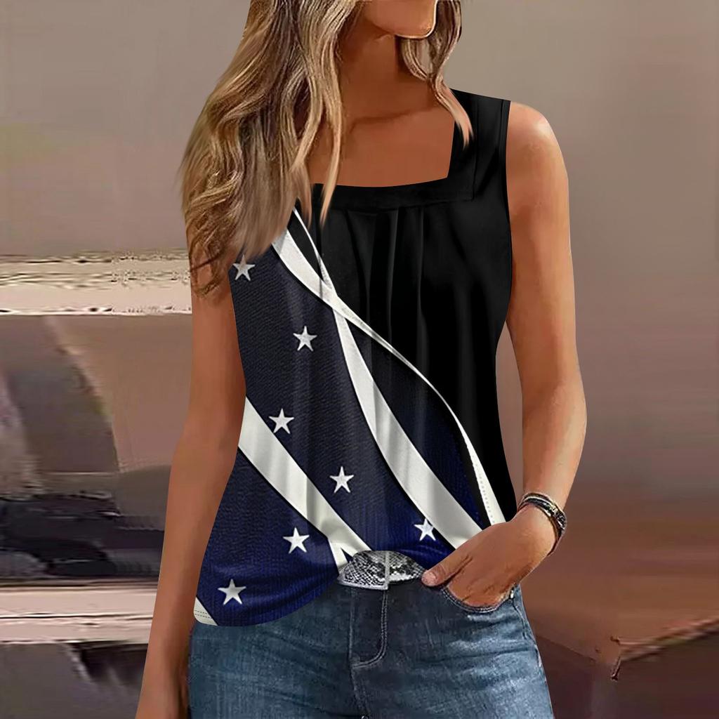 Dámské letní ležérní plisované tílko bez rukávů se čtvercovým výstřihem s potiskem